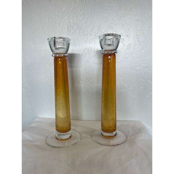 Vintage Amber Art Glass Candlesticks – Tall Bubble Glass Pair- Mid Century Style - Picture 4 of 9